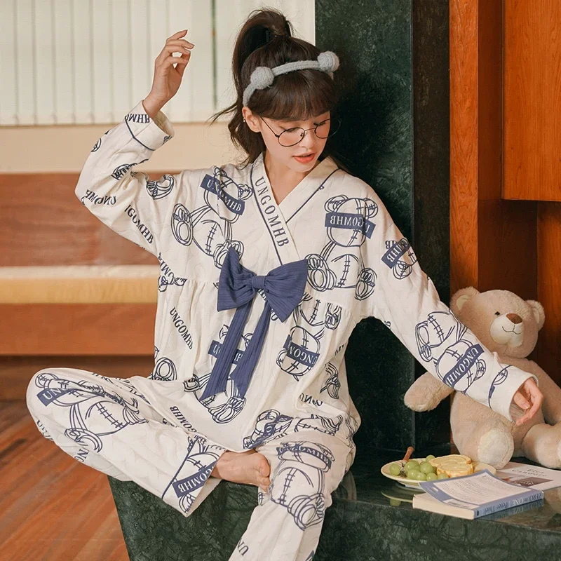 Cute Rabbit Pajamas Women Cute Kawaii Long Sleeves Long Pants Shawl Collar Autumn Winter Pyjamas Lady Sleepwear Girls Pijamas