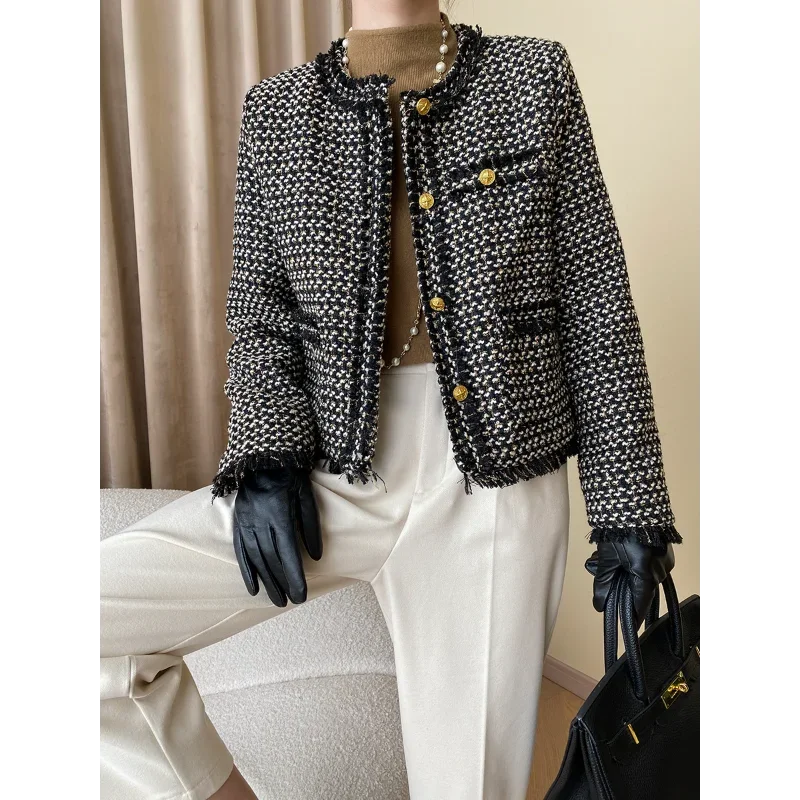 

O Neck Tassel Tweed French Female Coat with Small Fragrance Cotton Lining Vintage Black Beige Elegant Office Basic Women Coat