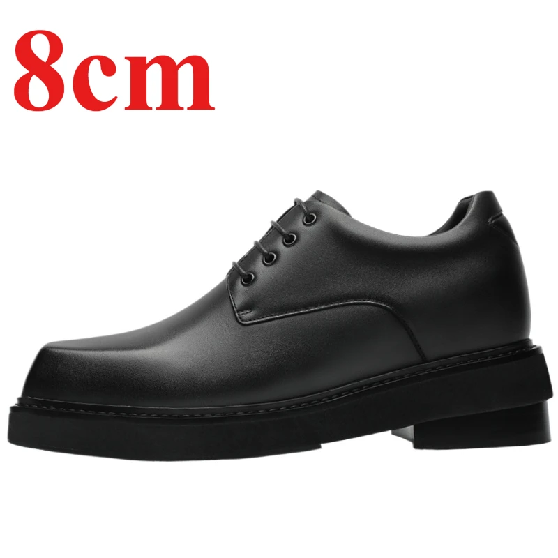 Square Head Design Men's Dress Shoes Invisible Height Increase 8cm Derby Shoes Genuine Leather Casual Thick Soled Elevator Shoes