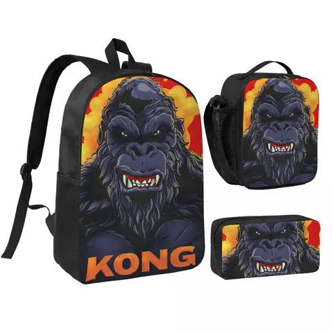 Sac à dos King Kong pour étudiants, sac d'école, sacs à bandoulière, 3 pièces, sac à lunch isotherme, trousse à crayons