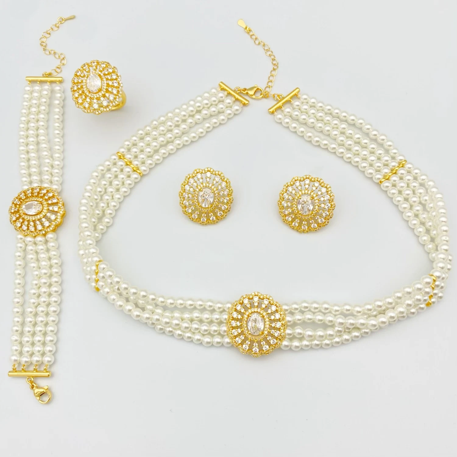 

Classic Pearl Jewelry Set 4Pcs Necklace Bracelet Earrings Ring Timeless Women's Accessories