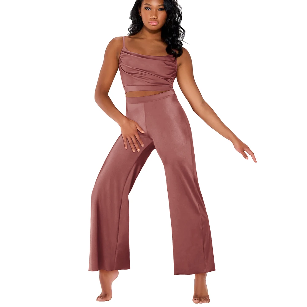 MiDee Zestaw do Tańca Nowoczesnego dla Dziewczynek, 2-częściowy Komplet: Plisowany Top na Ramiączkach i Spodnie z Szerokimi Nogawkami, Strój do Tańca Lirycznego Modern