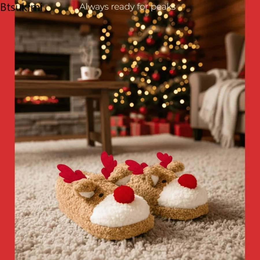 New Winter Lamb Fleece Women's Slippers Home Cute Cartoon Cotton Slippers Christmas Deer Couple Non-Slip Casual Warm House Shoes view 6