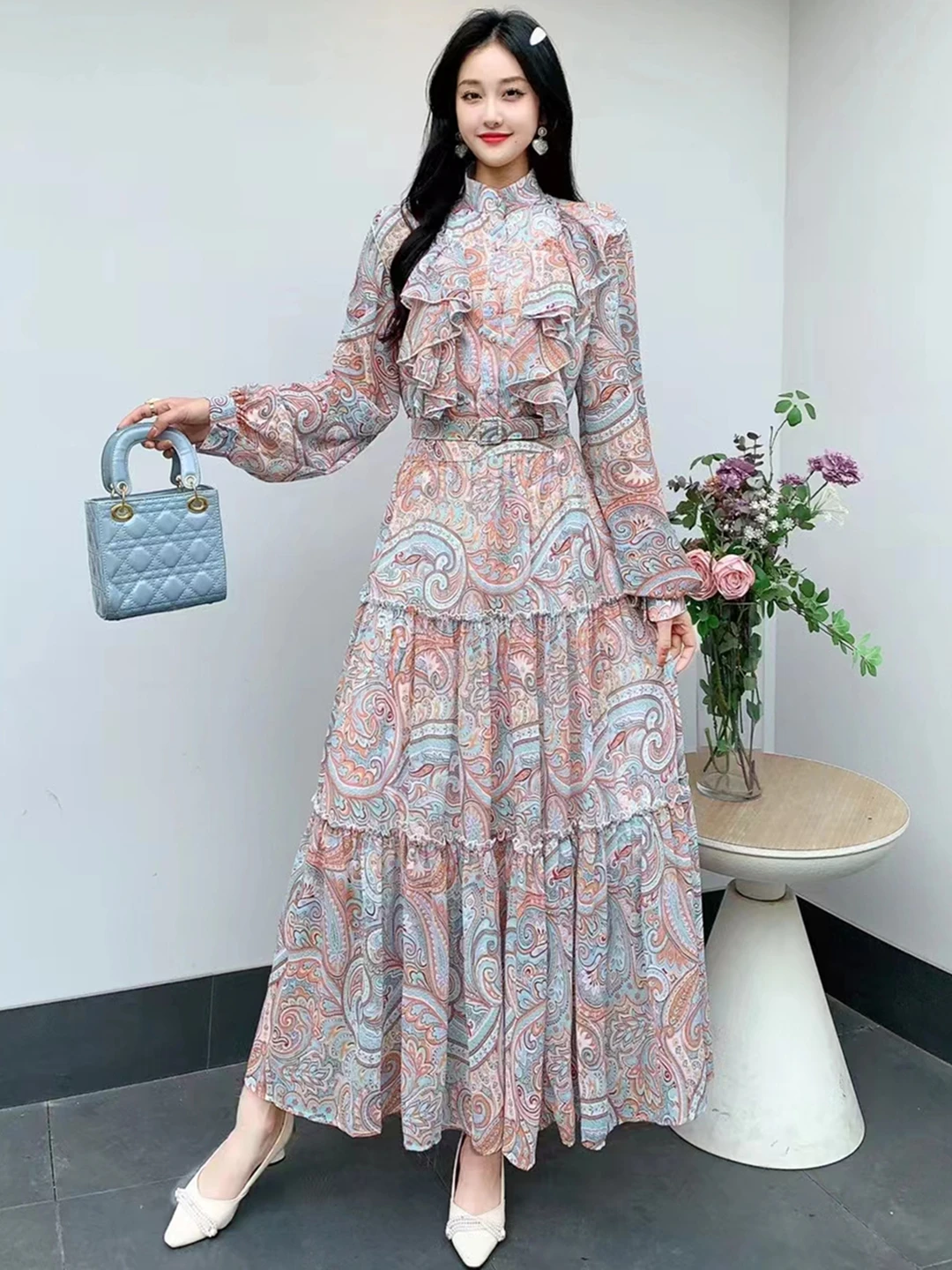 New Spring Autumn Women Long Sleeve Belt Slim Long Dress Elegant Retro Print Sweet Ruffles Patchwork Big Hem Chiffon Dress