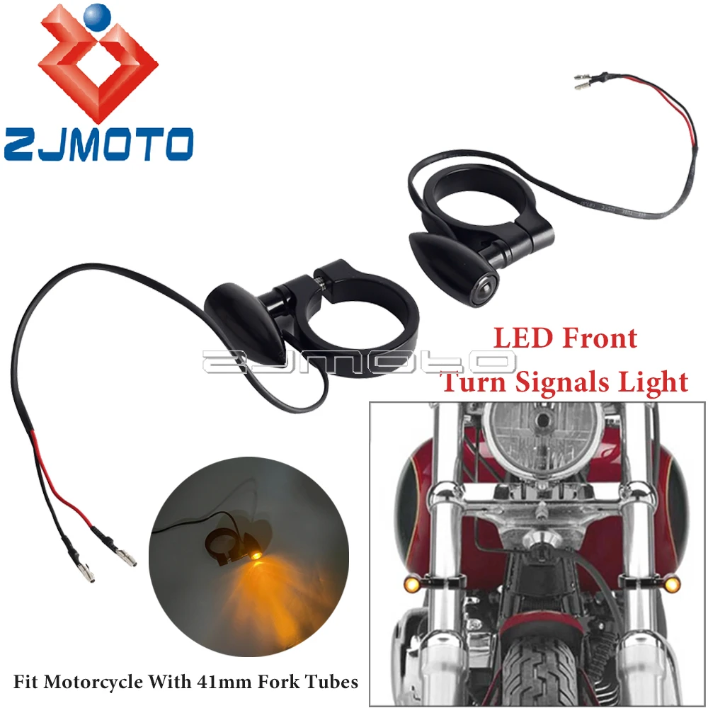 

Steel Motorcycle Front LED Turn Signal Light 41mm Fork Tubes Amber Flasher Blinker Lamp Universal For Honda Suzuki Yamaha Harley