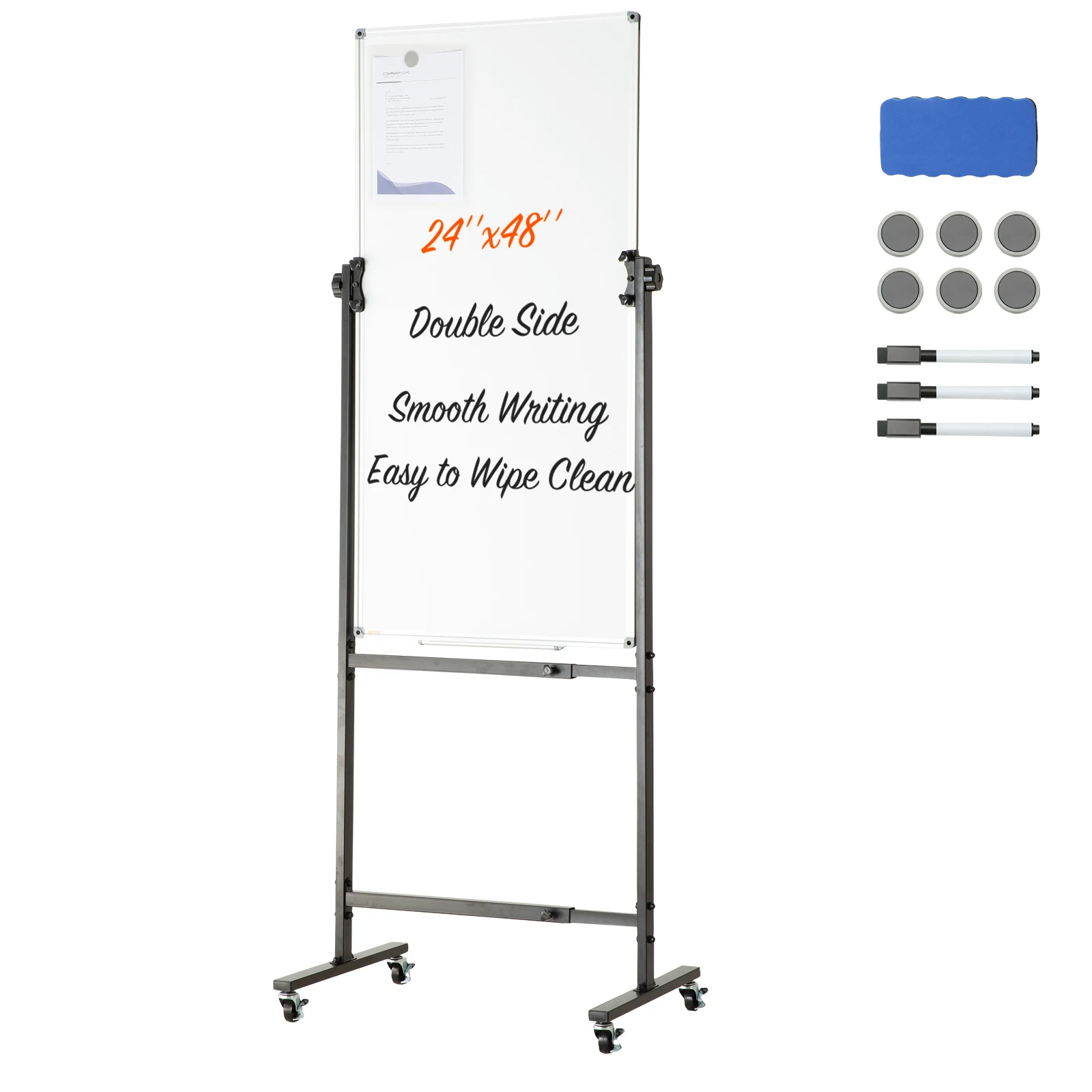 VEVOR Rolling Magnetic Whiteboard Double-Sided Mobile Whiteboard 360° Reversible Adjustable Height Dry Erase Board for School