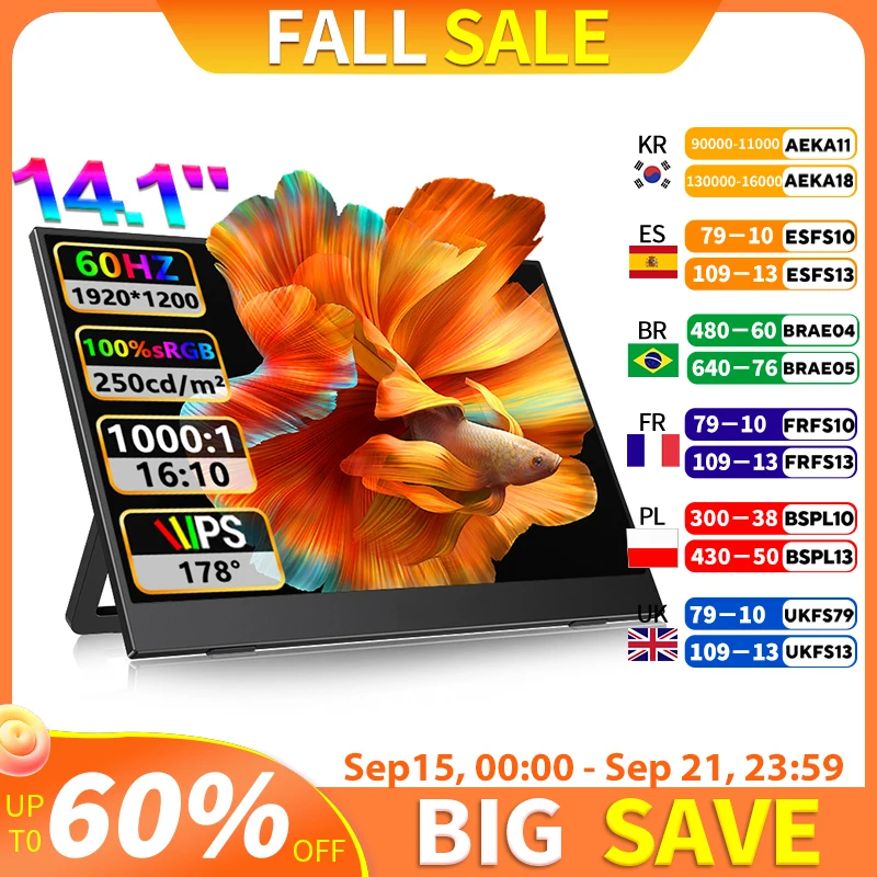 

14.1" Full HD Portable Monitor 100%SRGB 16:10 for Suitable for laptop expansion dual screen solution for Enhanced Productivity