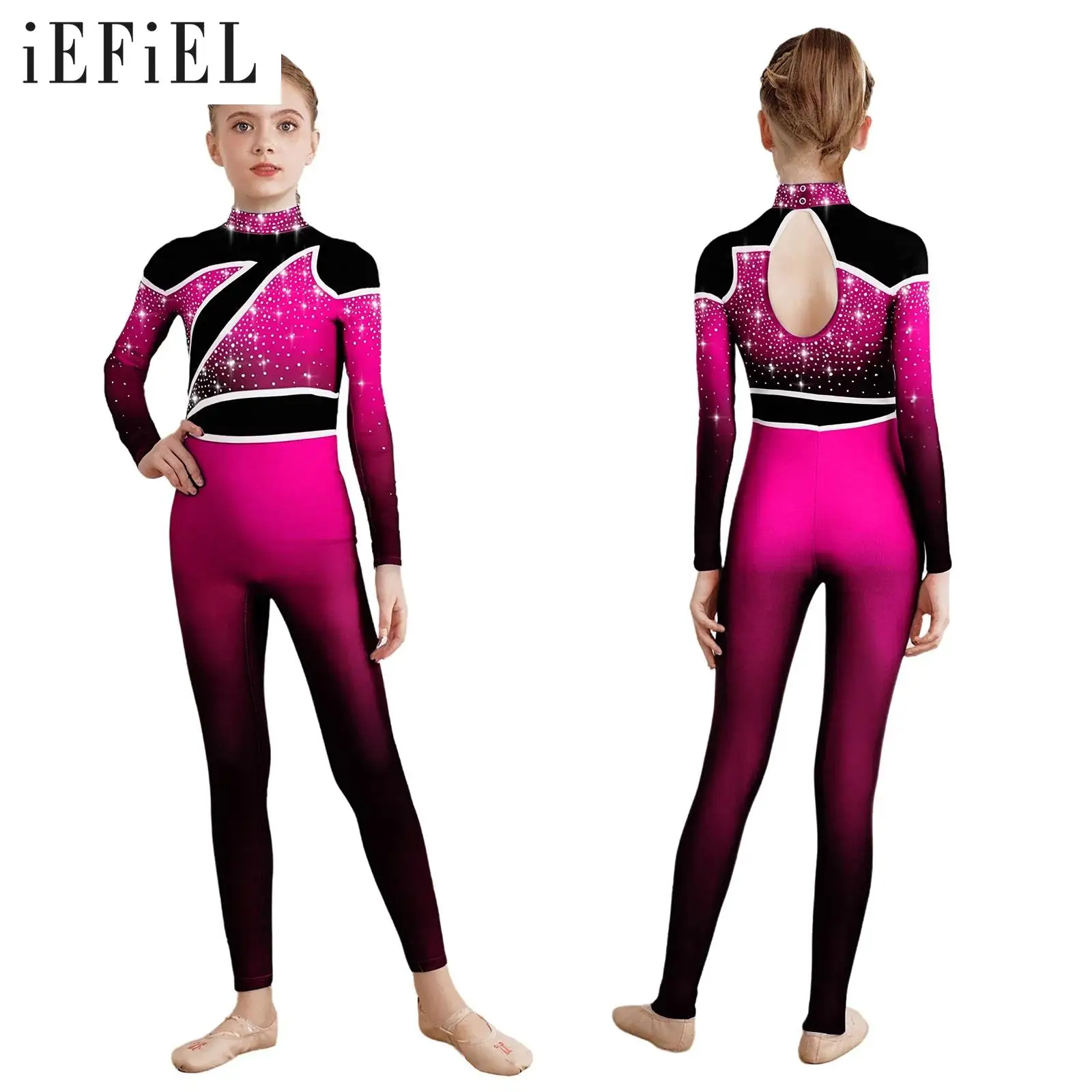 

Kids Girls Ballet Gymnastics Jumpsuit Figure Skating Dancewear Mock Neck Long Sleeve Keyhole Back Rhinestones Bodysuit Costume