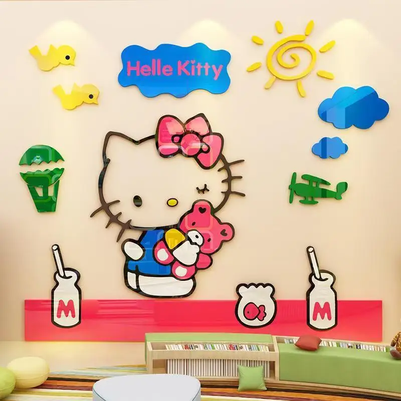 Hello Kitty Strawberry Wall Sticker DIY Self-assembly Sanrio Cartoon Anime 3D Acrylic Wall Stickers Kid Bedroom Wall Home Decor