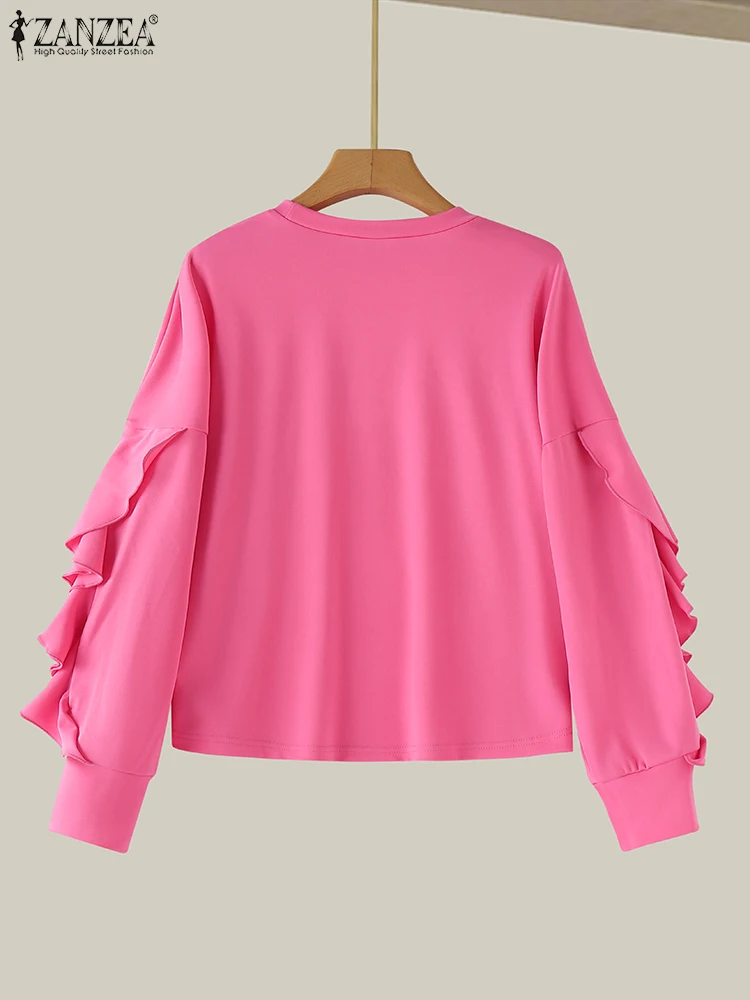 ZANZEA Felpe con cappuccio con cuciture arricciate da donna Felpe a maniche lunghe con lanterna alla moda Pullover solido allentato casual Maglione con o-collo per le vacanze