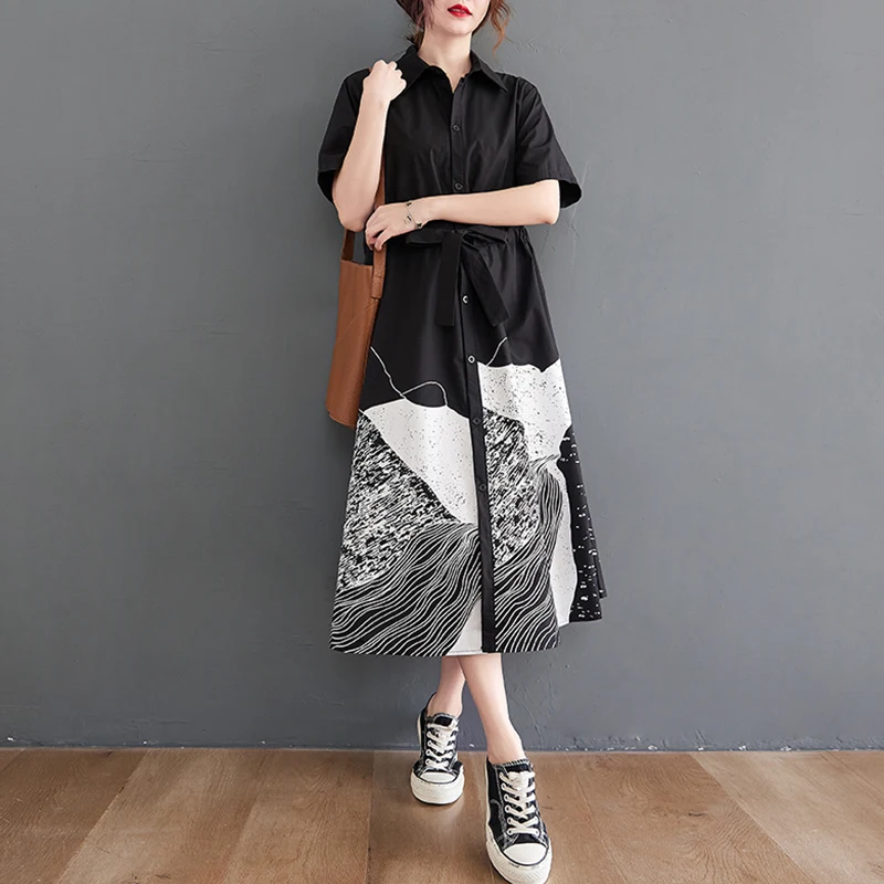 Water-Media Print Patchwork ort-Sve Dr con cintura y cuello Dstring para mujer de talla grande Faion de verano