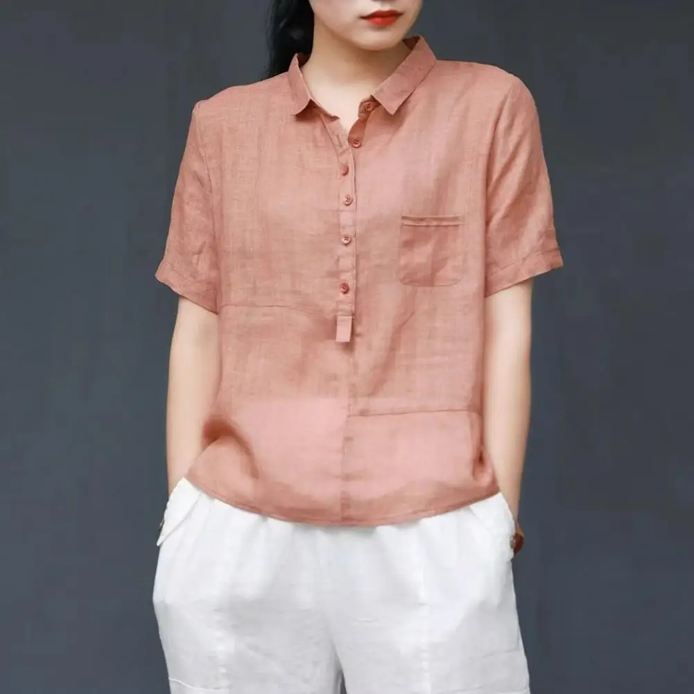 

Women Shirt V-Neck Buttons Half Placket Patch Pocket Short Sleeve Women Blouse Casual Women Regular Fit Shirt Summer Blouse