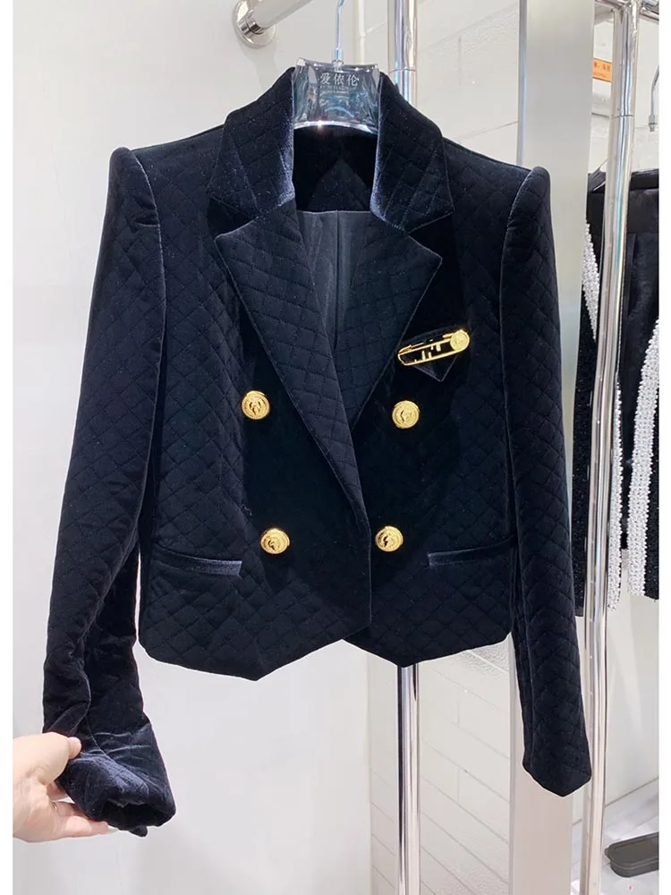 

HIGH QUALITY Newest 2024 Fall Winter Designer Jacket Women's Brooch Embellished Double Breasted Lion Buttons Grid Velvet Blazer