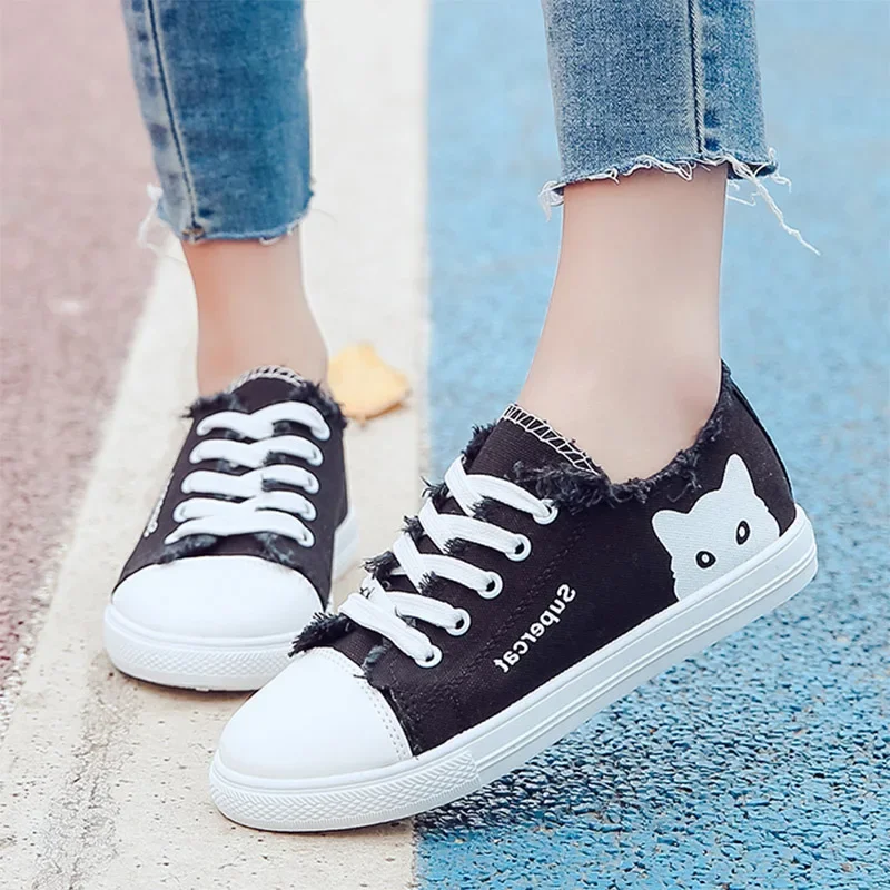 

Comemore Cat Canvas Shoes Woman Flats Espadrilles White Black Ladies Zapatos Mujer Spring 2023 Women Sneakers Lace Up Casual Sho