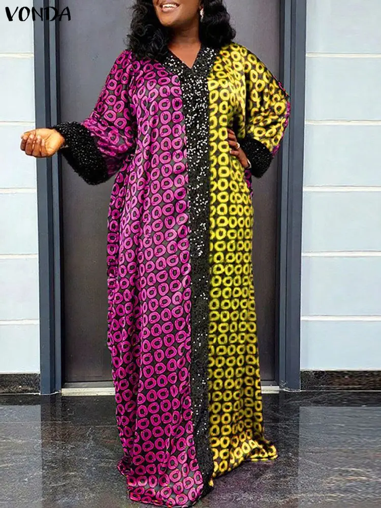 Gaun Maxi Wanita VONDA Ukuran Besar 5XL Lengan Panjang Model V-Neck Motif Bohemian Jubah Panjang 2025 Longgar Retro Kasual Pesta Vestidos