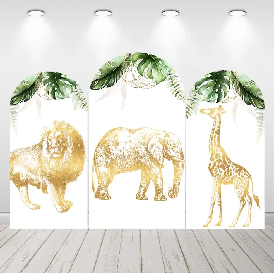 Wild Animals Lion Baby Shower Arch Backdrop Cover Double Sided Fabric Green Leaves Birthday Party Decorations