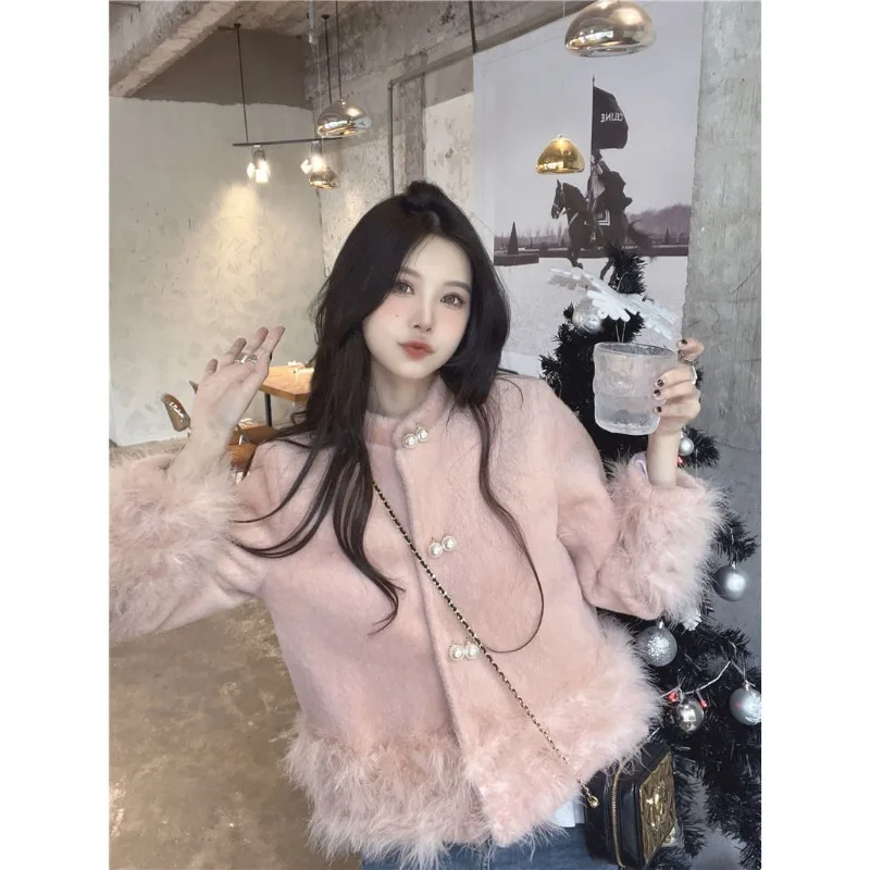 Irabeezt Chinese Style Woolen Jacket Winter 2023 Long Sleeve Solid Loose Casual Coats Pink Preppy Sweet Jackets Chic Female Tops