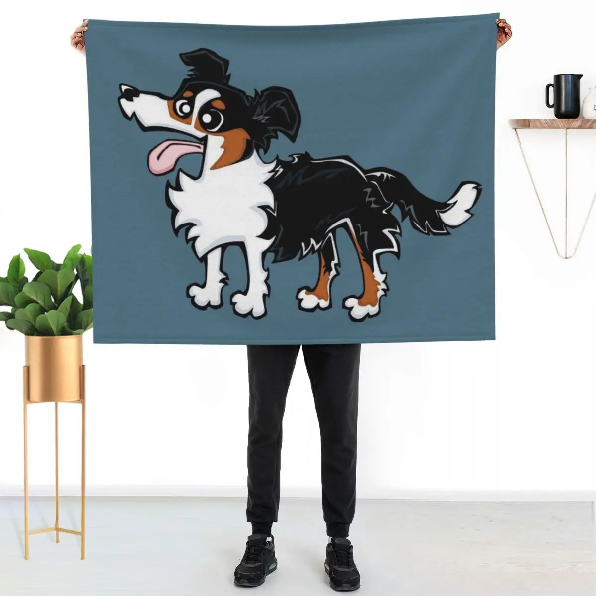 Border Collie - Tricolour (Full Body) BLUE BG Throw Blanket Comforter for winter wednesday Thin Large cosplay anime Blankets