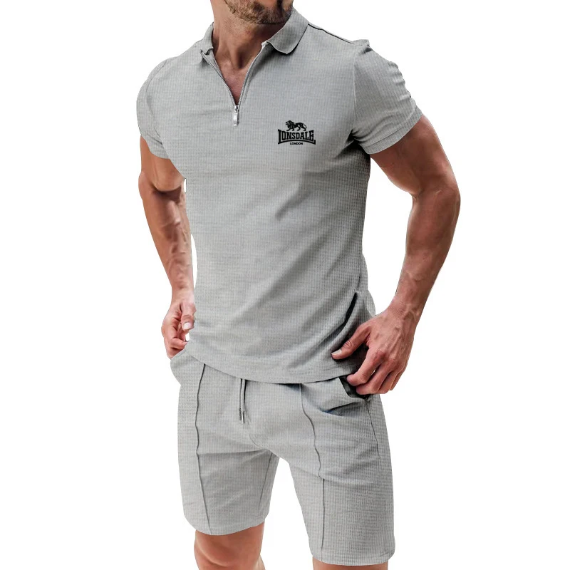 Summer new fashion outdoor fitness jogging casual sportswear set for men, breathable lapel T-shirt and shorts two-piece set