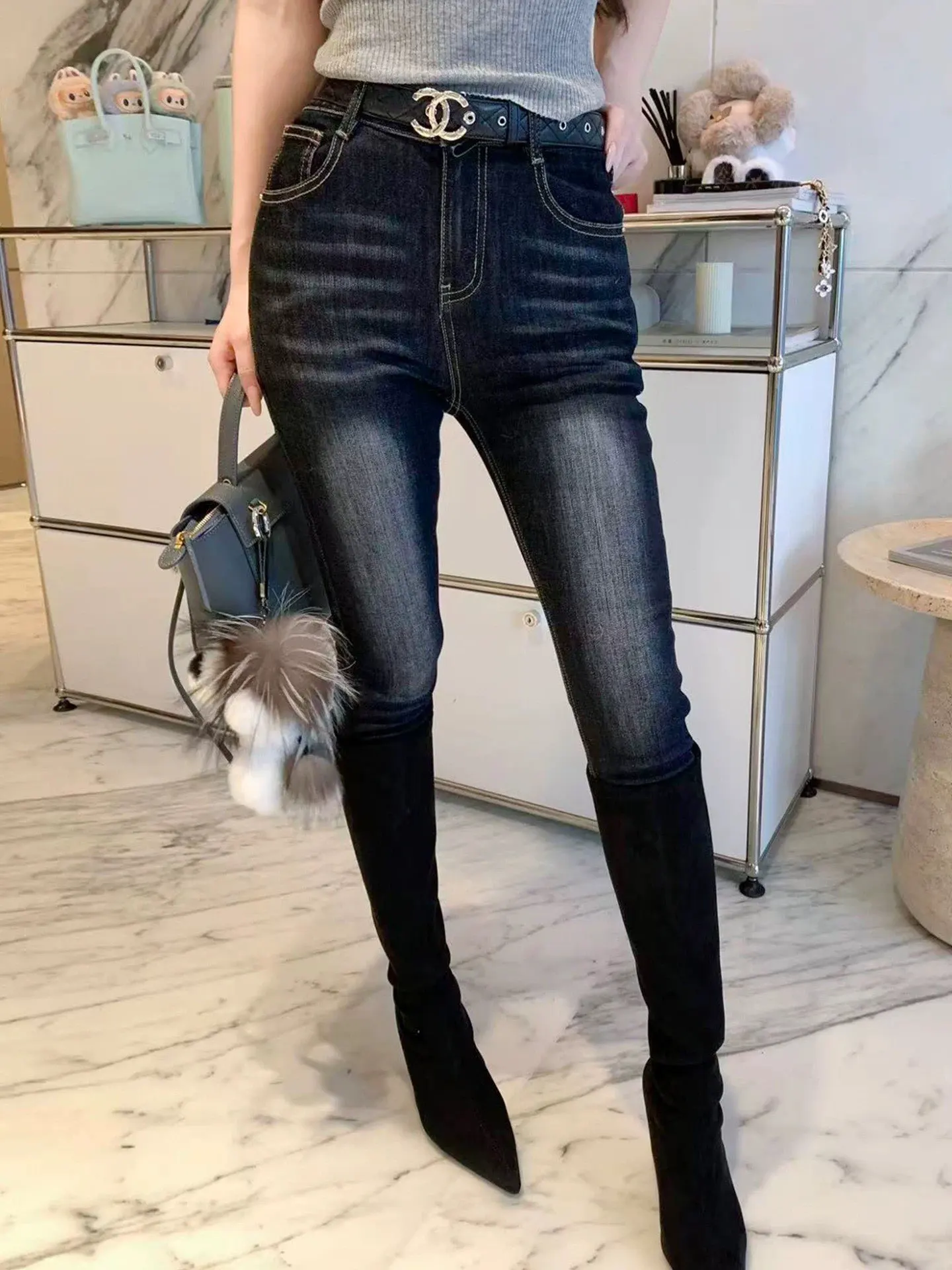 

Женские джинсы Slim Fit с высокой талией из эластичного хлопка, прямые, повседневные, черные, с эффектом подтяжки ягодиц