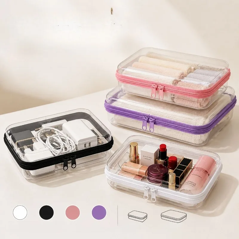 2pcs Clear Thick Hard PET Zipper Makeup Bag Dust Moisture Proof Cosmetic Organizer Double Zipper Travel Skincare Storage Case