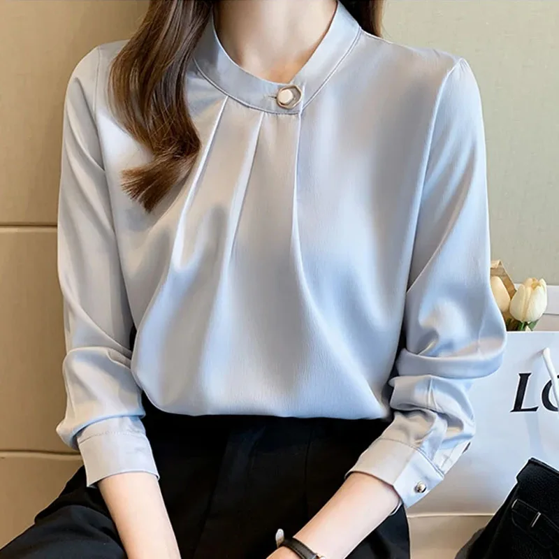 

Женская шифоновая блузка с длинным рукавом и воротником-стойкой