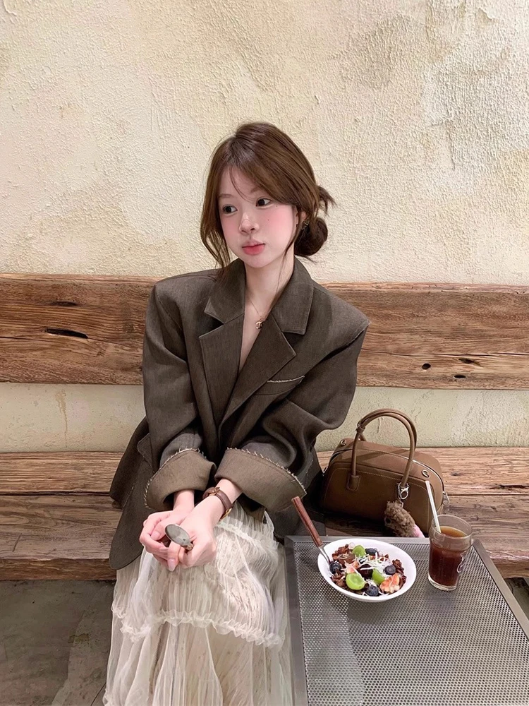 

Ретро-пиджак с цветными блоками и длинными рукавами для женщин, весна 2026, повседневная винтажная верхняя одежда с бахромой, теплый, на одной пуговице