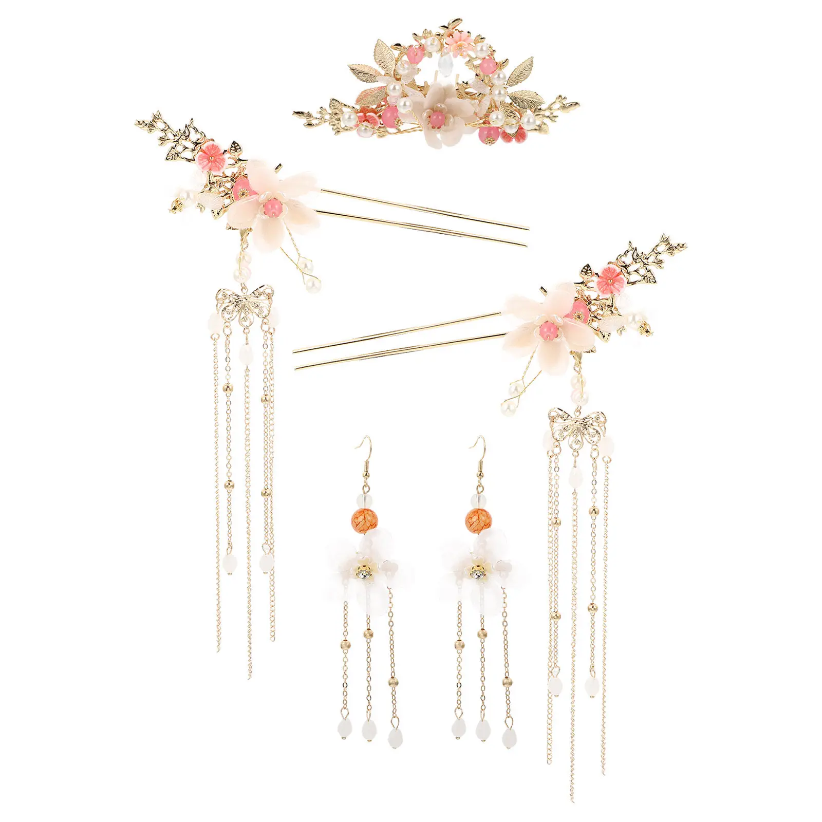 

1Set Chinese Hanfu Hairpins Hair Comb Earrings Kit Traditional Long Tassel Hair Accessories Bridal Wedding Party Headwear Set