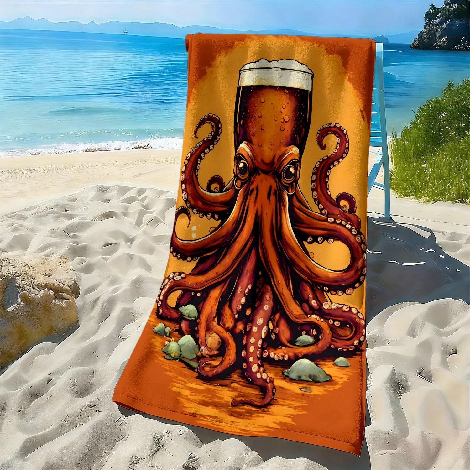 

Beer cup with octopus pattern polyester microfiber beach towel is highly absorbent, suitable for swimming and beach outings
