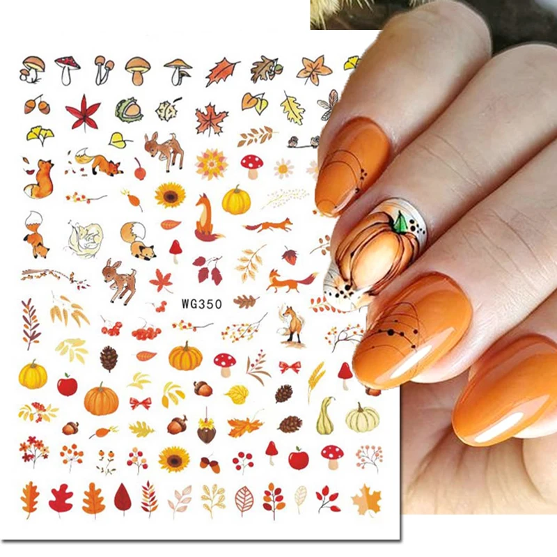 3d Nail Art Decals Autumn Halloween Pumpkin Maples Leaves Sunflowers Nail Stickers Decoration For Nail Tips Beauty