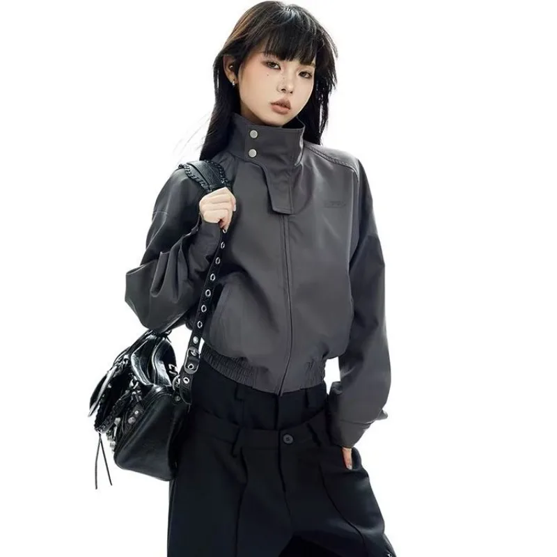 Women American Vintage Functional Jacket Short Waist‑Tight Stand Collar Fleece Lined Outdoor Windbreaker Coat Autumn Winter