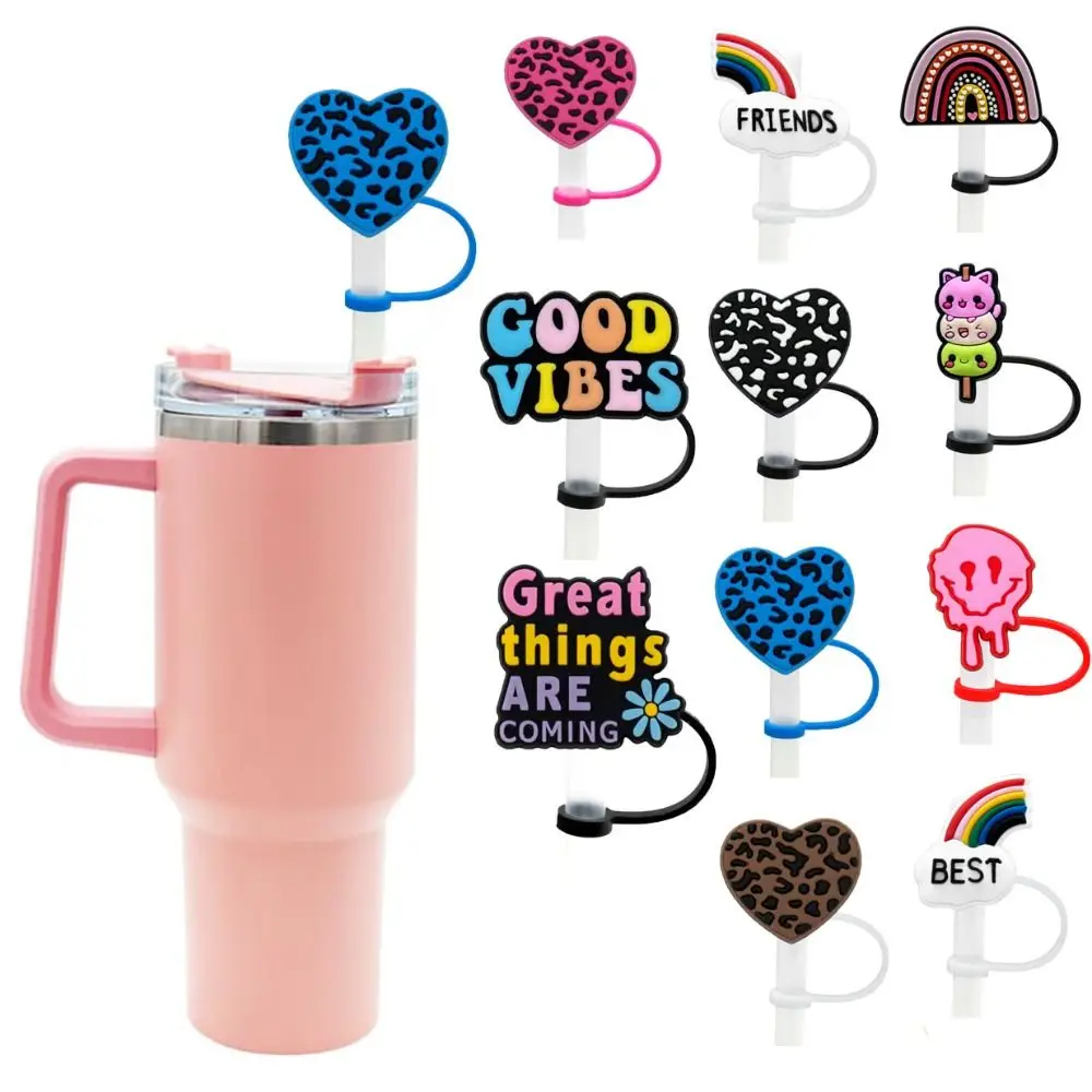 2pcs Dustproof Leopard Print Heart Straws Tips Reusable Splash Proof Rainbows Straw Toppers Silicone Straw Cap Valentines Day