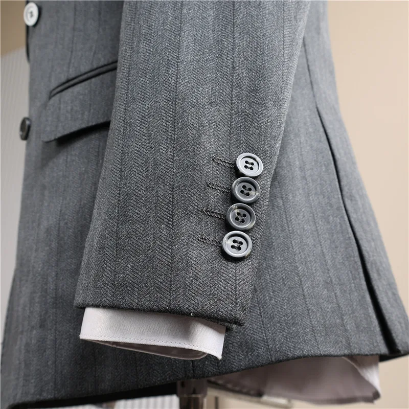 Immagine 3: Completo Uomo con Giacca a Collo Rovesciato, Gilet e Pantaloni a Gamba Dritta, Set Slim Fit a 3 Pezzi con Motivo a Righe