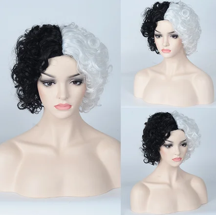 Peluca COS con pelo largo y corto y rizado, artículo vendedor caliente de Kuira de bruja blanca y negra