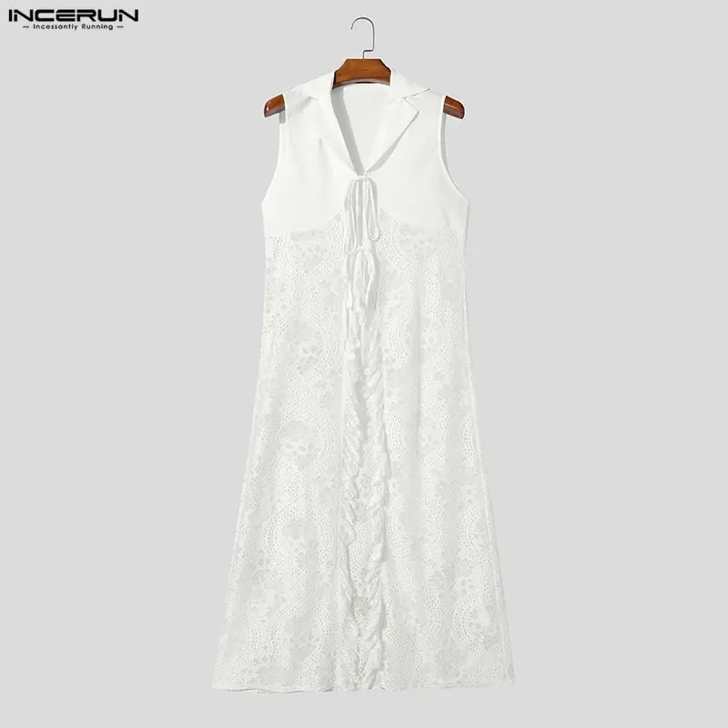 

INCERUN Мужская длинная стильная рубашка с кружевными лоскутными лацканами без рукавов Мужская одежда на шнуровке Прозрачная сексуальная уличная одежда Топы Мужские рубашки