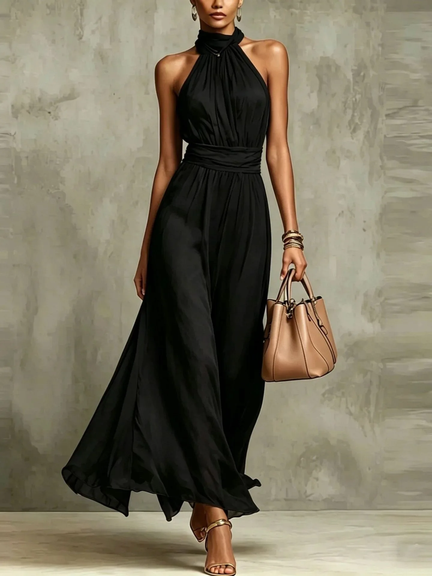 Vintage Maxikleid aus Chiffon mit Neckholder, ärmellos, rückenfrei, hoher Taille, Schlitz, fließend, mit floralem Aquarellmuster für Abend und Hochzeit – Detail 20