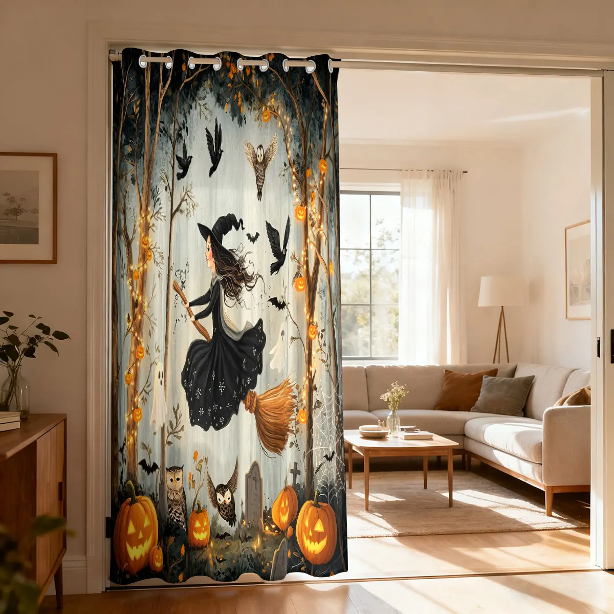 1PC Halloween Witch Pumpkin Ghost Forest Print Single Loop Curtain For Living Room Bedroom Door Window Home Decor