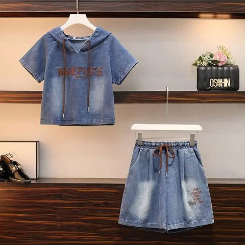 Women\'s Summer Fashion Letter Denim Hooded Shirts Short Pants Two Piece Set Koran Lady Casual Jeans Outfits Tops Shorts Suits