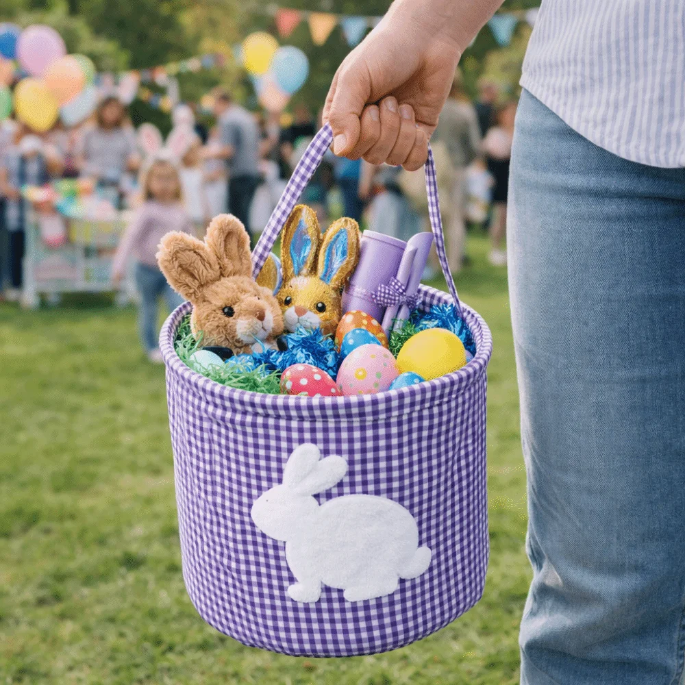 

Cute Embroidery Easter Rabbit Basket Plaid Tote Style Storage Bag Cloth Decorative Easter Gift Basket Nursery Storage