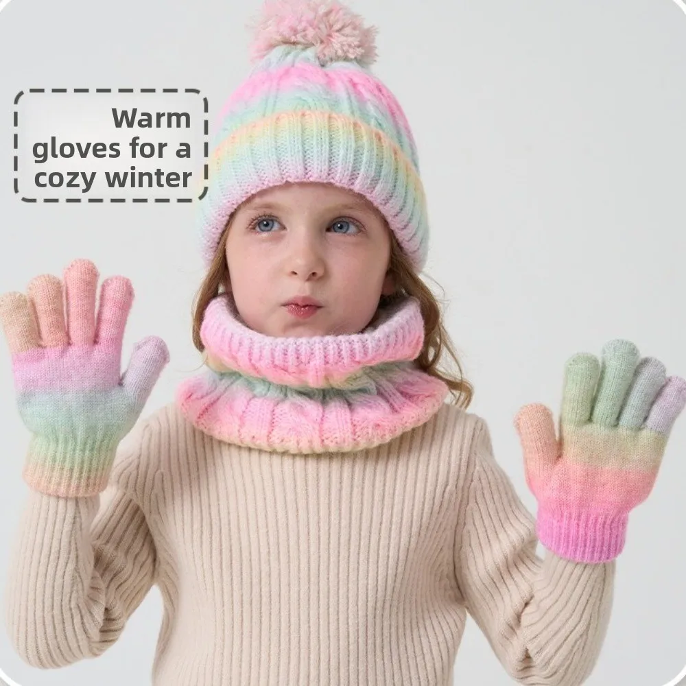 

Повседневная детская шапка градиентного цвета, шарф, перчатки, комплект, теплые уши, утолщенная вязаная шапка для малышей, сохраняющая тепло, милый детский комплект шапок с помпоном, детский комплект