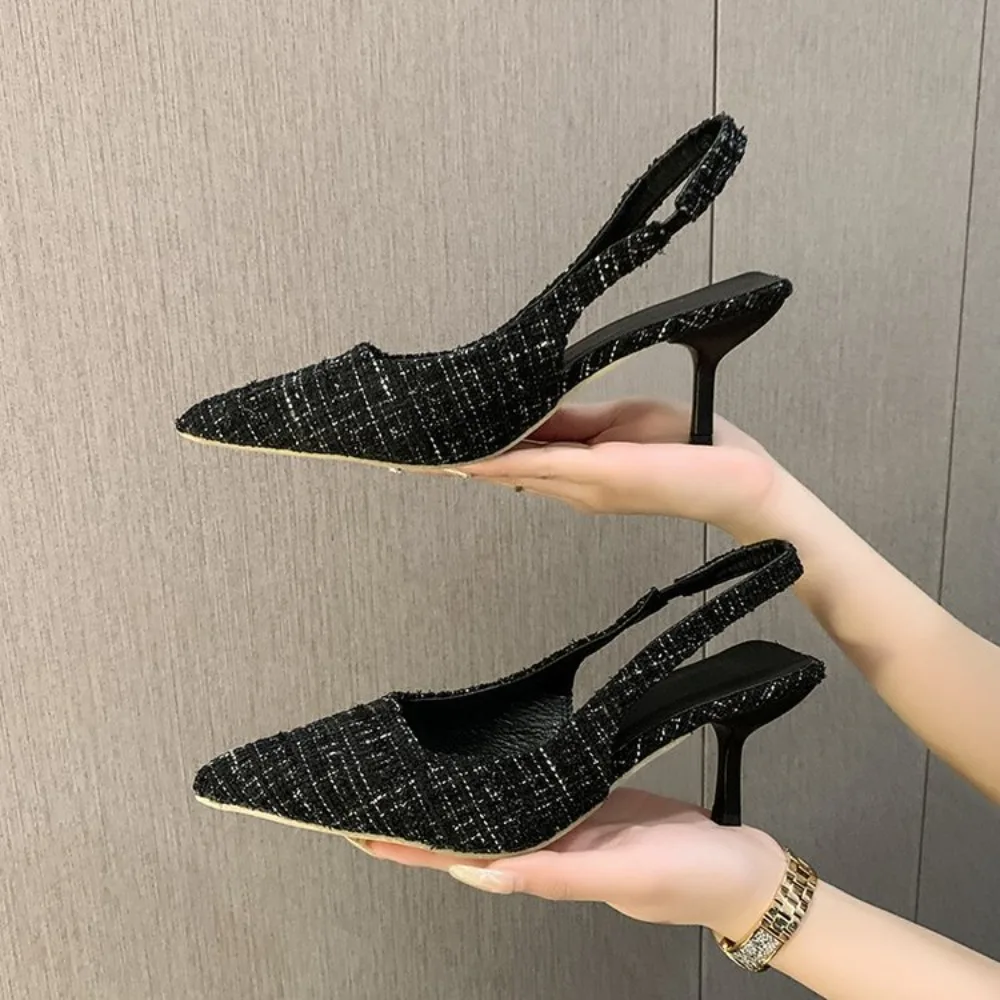 Elegant Office Ladies Slingback Stiletto Shoes Summer Backless Pointed Toe Thin Heels Light Blue Checkered High Heeled Sandals
