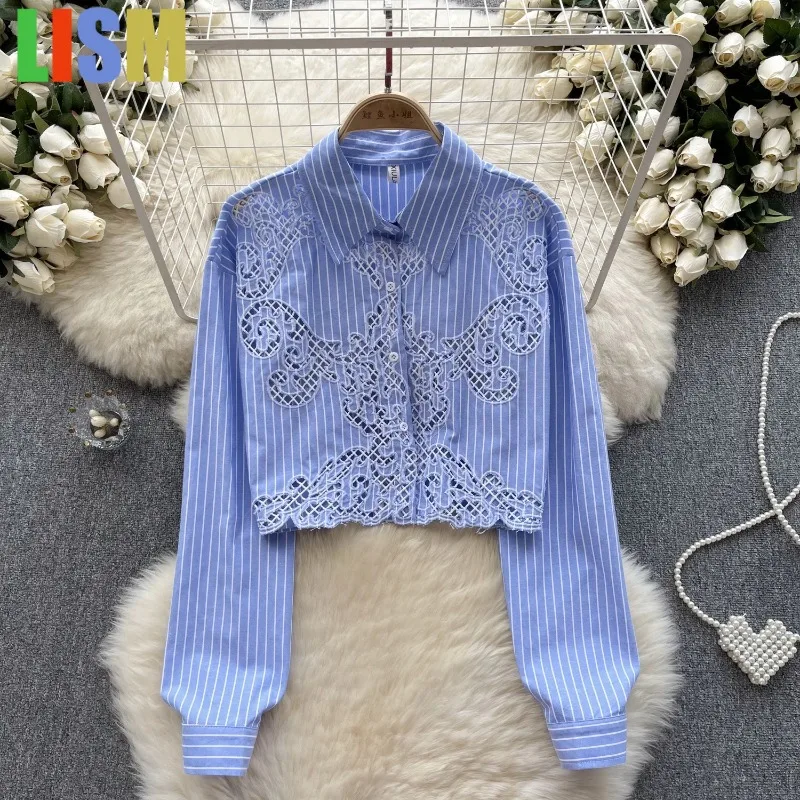 

LISM 2025 Chic Elegant Striped cut out loose sweet long sleeve blouse Vintage Korean Fairy Top winter fall Women Clothing shirt