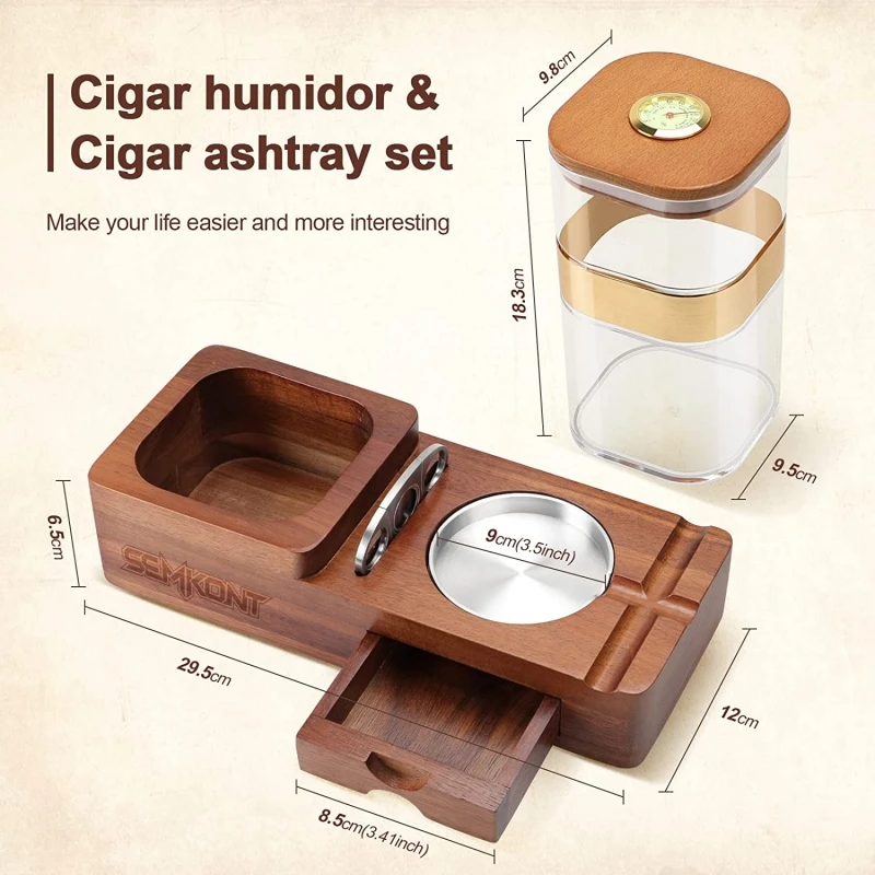 Detachable Wooden Cigar Display, Tobacco Ashtray Set with Sealed Jar Tray for Home and Office Accessory