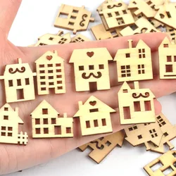 50pcs Mixed Houses Pattern Natural Wood Chips For Scrapbooking Unfinished Wooden DIY Crafts Supplies  Embellishment Home Decor