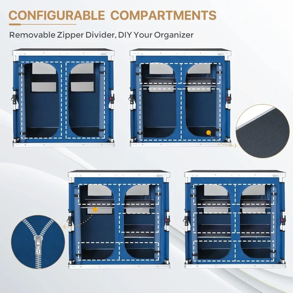 طاولة تخييم مزدوجة قابلة للطي للاستخدام الخارجي قابلة للتخصيص مع منظم تخزين كبير من 3 طبقات وجيوب جانبية، محمولة سهلة الإعداد