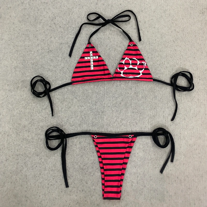 

American High street Summer Retro sexy spicy girls Harajuku style striped wall hanging suspender fashion trendy bikini sets emo