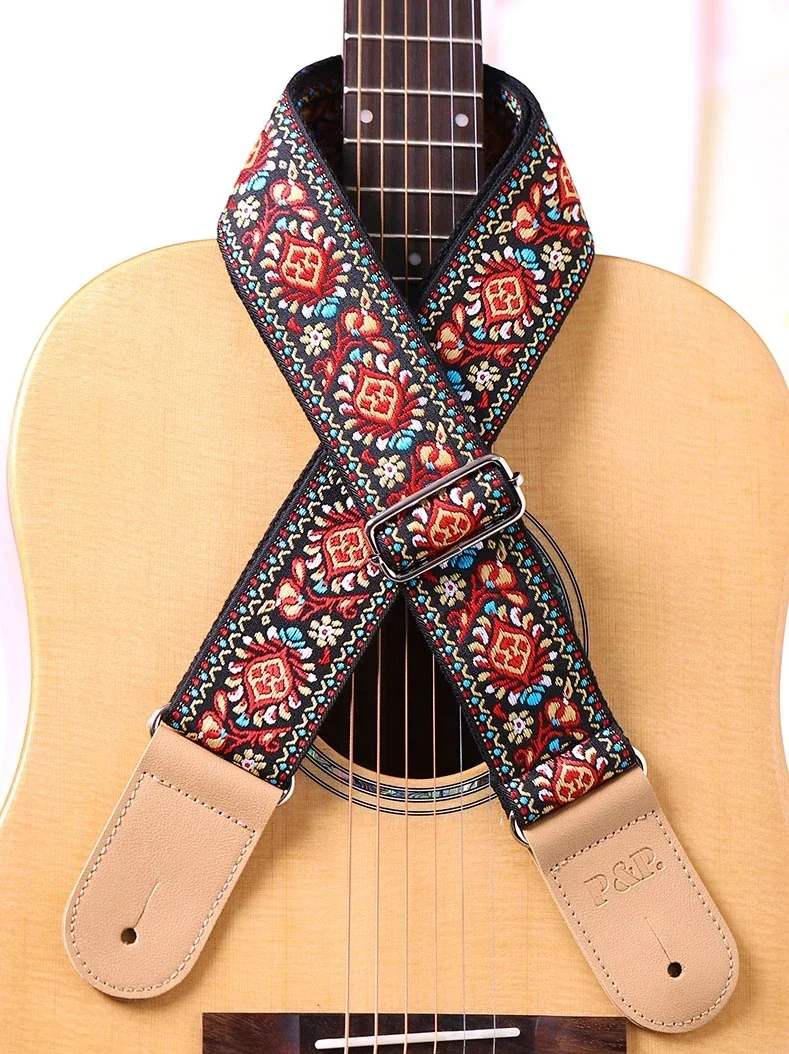 Guitar Strap Folk Music Strap Buckle Cotton Embroidery Wood Electric Guitar Shoulder Strap Ethnic