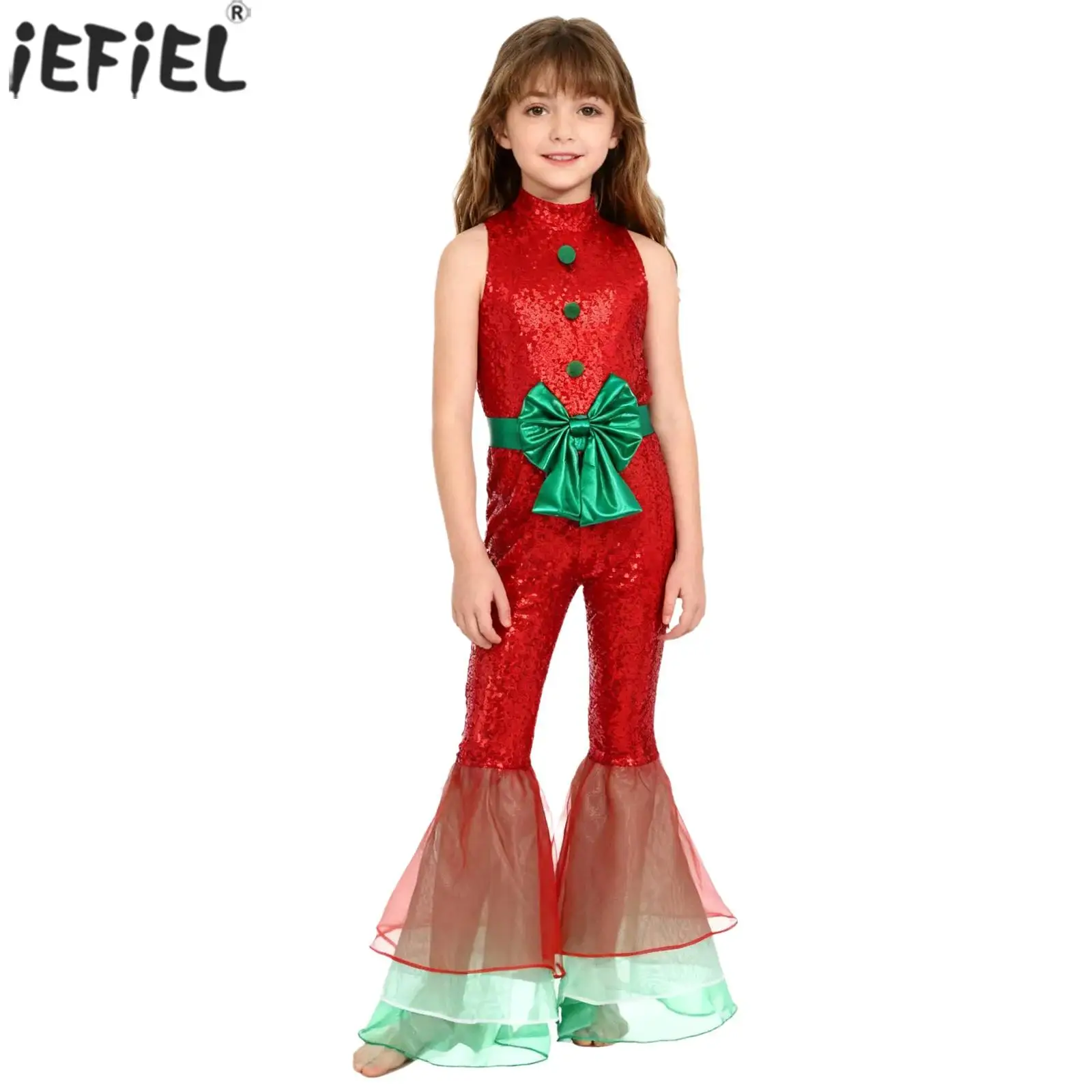 Girls Christmas Jumpsuit Sleeveless Sparkly Sequin Pompom Bowknot Flared Bodysuit for New Year Holiday Party Stage Performance