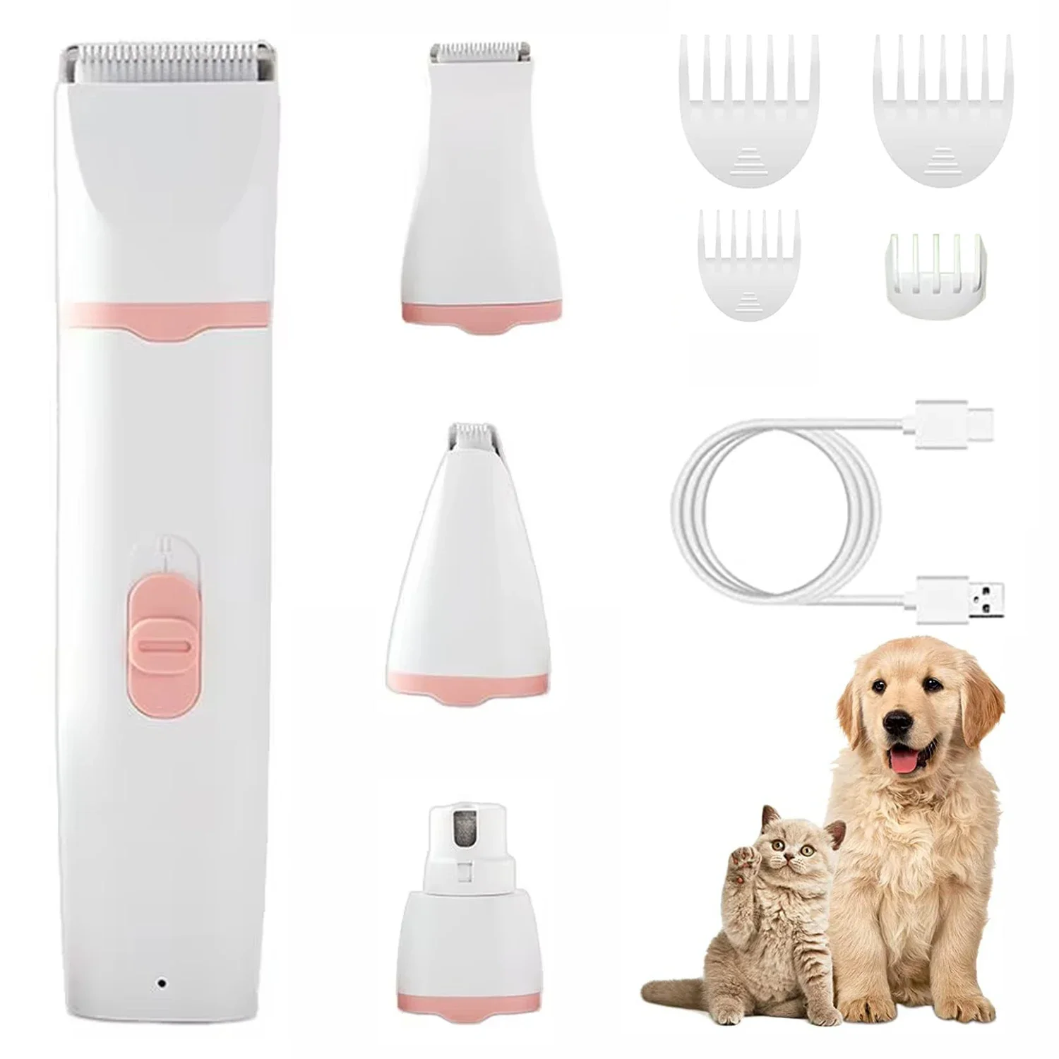 

Dog Clippers Grooming Kit 4-in-1 Hair Clipper-Low Noise Paw Trimmer- Rechargeable - Cordless Quiet Nail Grinder Shaver for Cats