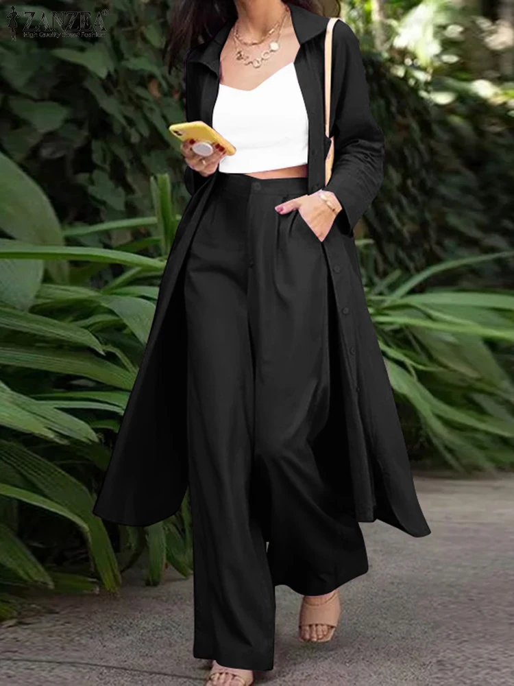 ZANZEA Fashion Long Sleeve Shirt 2PCS Women Suits Summer Matching Sets Solid Loose Pant Sets Casual Wide Leg Trousers Oversized